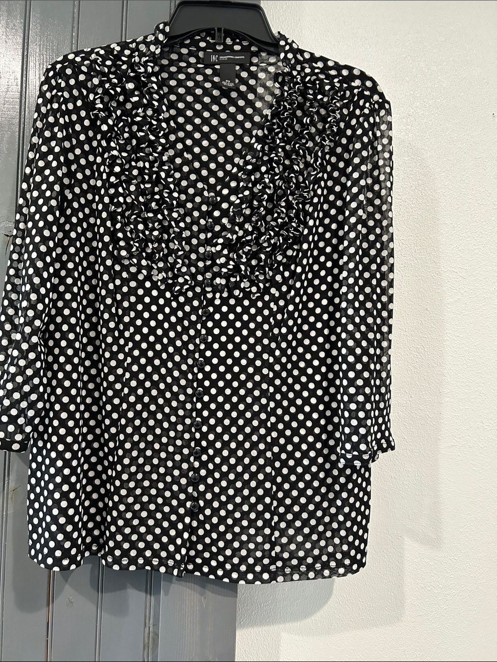 INC International Concepts Black and White Polka Dot Ruffle Blouse